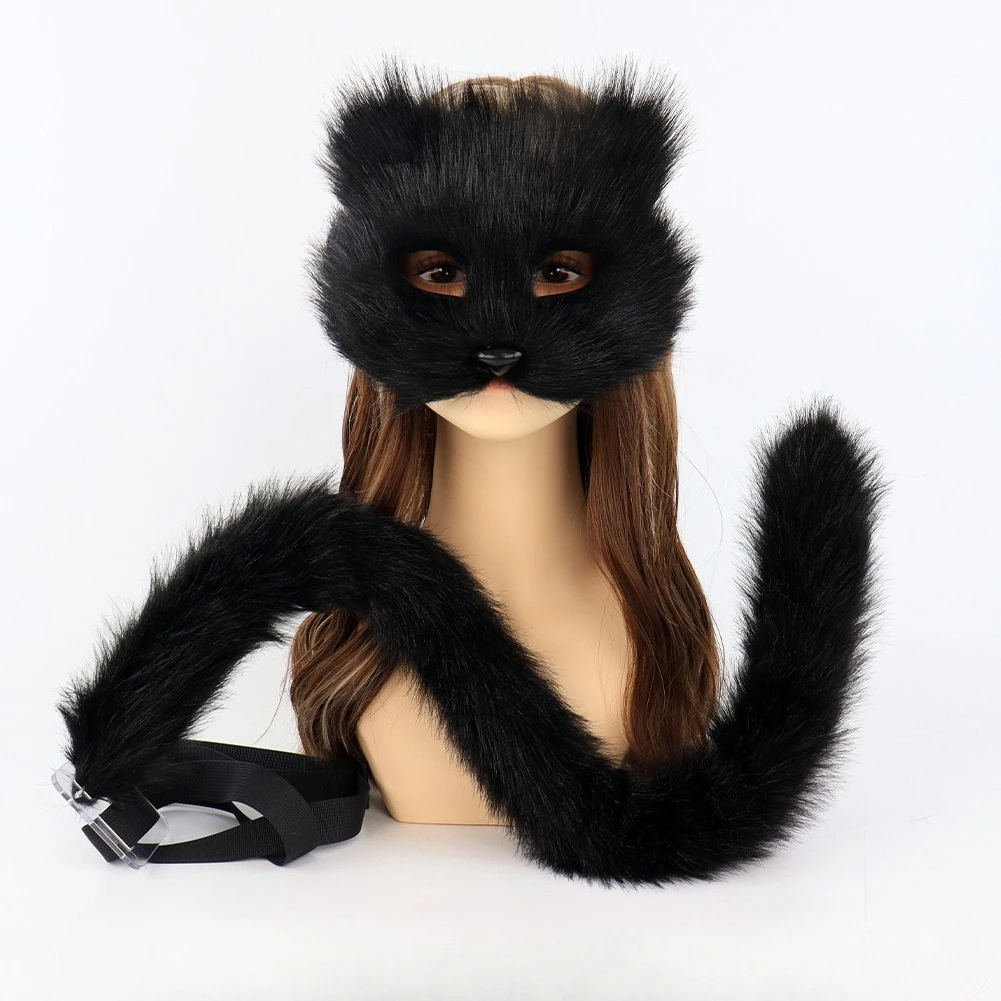 

Simulation Cat Mask Plush Mask Two-piece Set Handmade Beast Tail Cosplay Live Prop Dance Performance