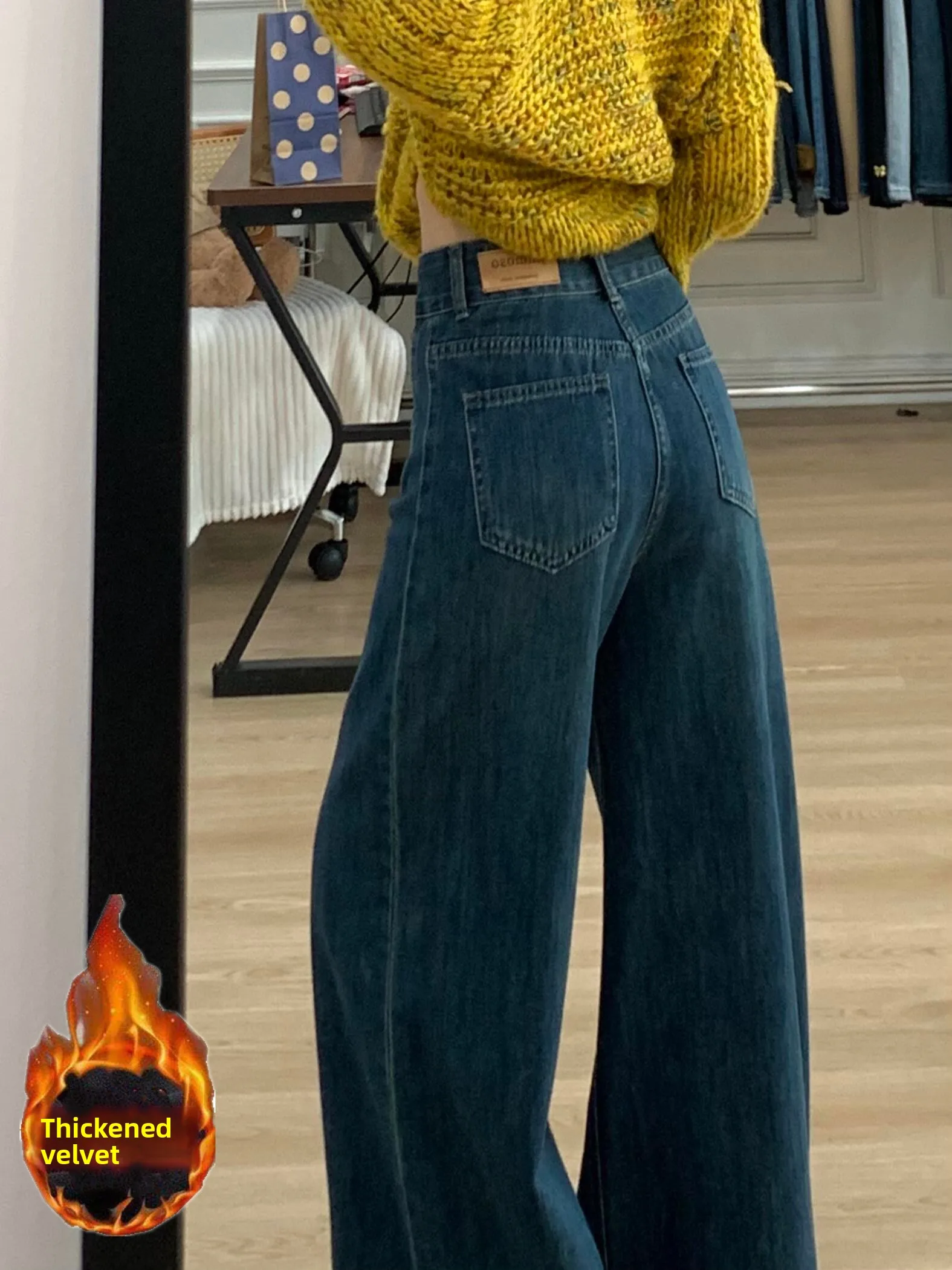 

Ретро-джинсы с широкими штанинами из флиса, женские, с высокой талией, свободного прямого кроя, стильные, больших размеров, джинсовые брюки, осенне-зимняя мода