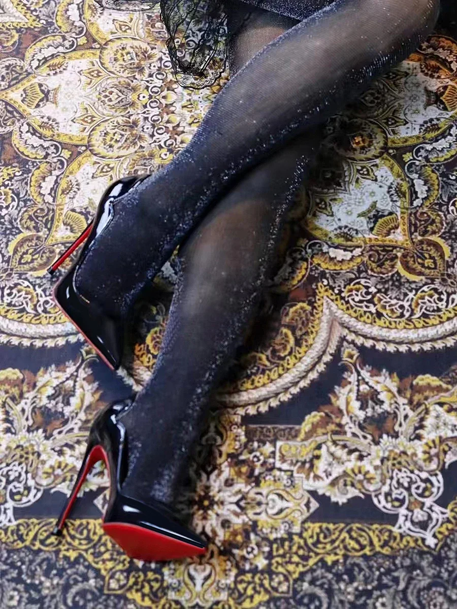 Sepatu hak tinggi dasar Merah Hitam mulut Ultra dangkal 12cm musim semi/Musim Panas 2024 sepatu hak tinggi tipis wanita sepatu tunggal besar runcing seksi