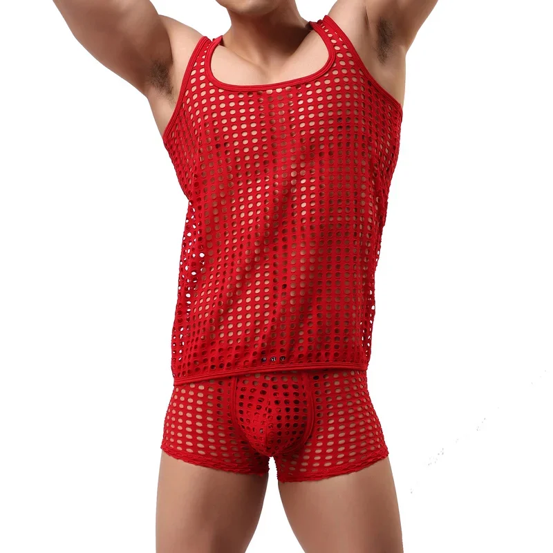 

Mens Clothes Set Sexy Mens Undershirts Mesh See Through Tank Tops Hollow Out Underwear Slim Fitness Tops Boxer Shorts Underpants