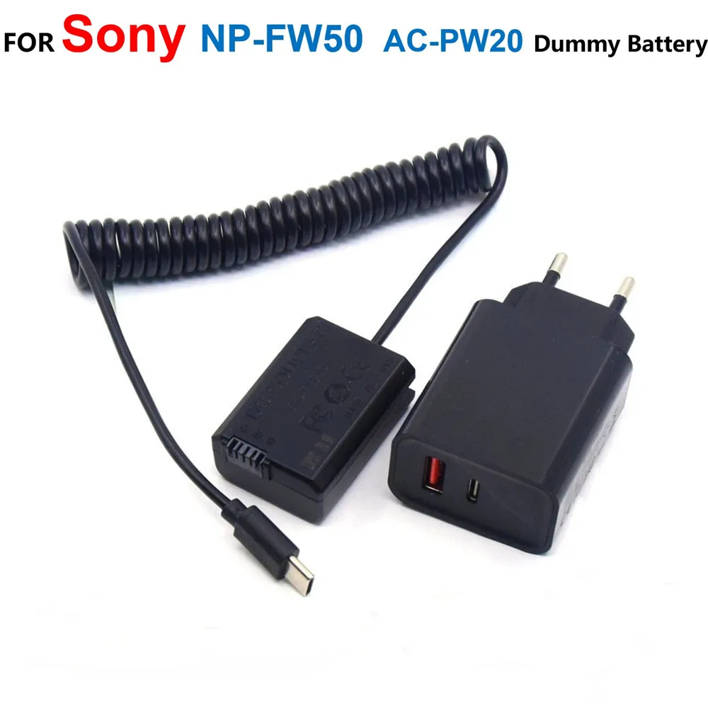 

NP-FW50 AC-PW20 Dummy Battery+PD Charger USB C Power Bank Cable For Sony RX10 A7M2 A7II A7S2 A7R A7RII A6000 A6300 A6500 A7000