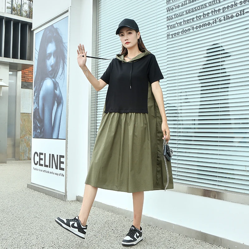 230405 Fashion Summer New Design Solid Elegant Women Clothes Loose Casual A-line Short Sleeve Hooded Ladies Dress