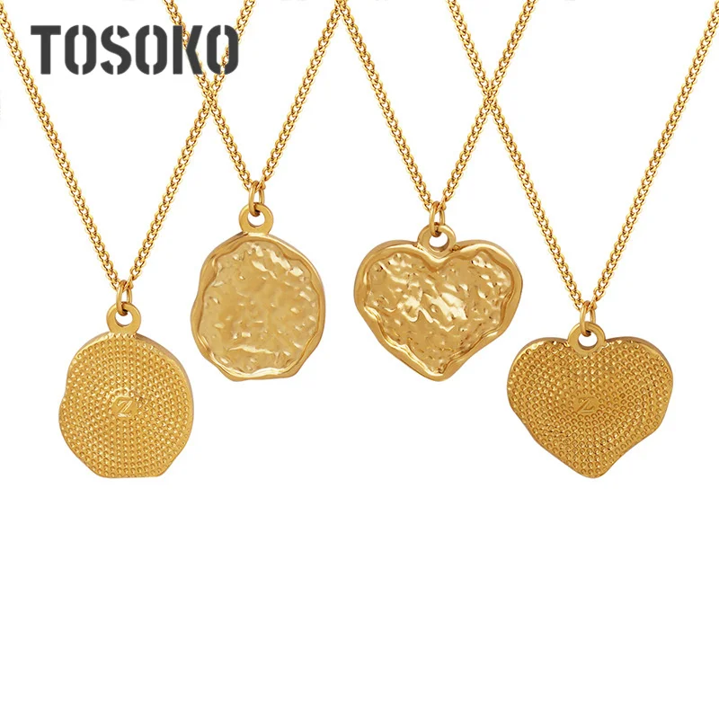 

TOSOKO Stainless Steel Jewelry Embossed Peach Heart Irregular Pendant Necklace Women's Fashion Clavicle Chain BSP730