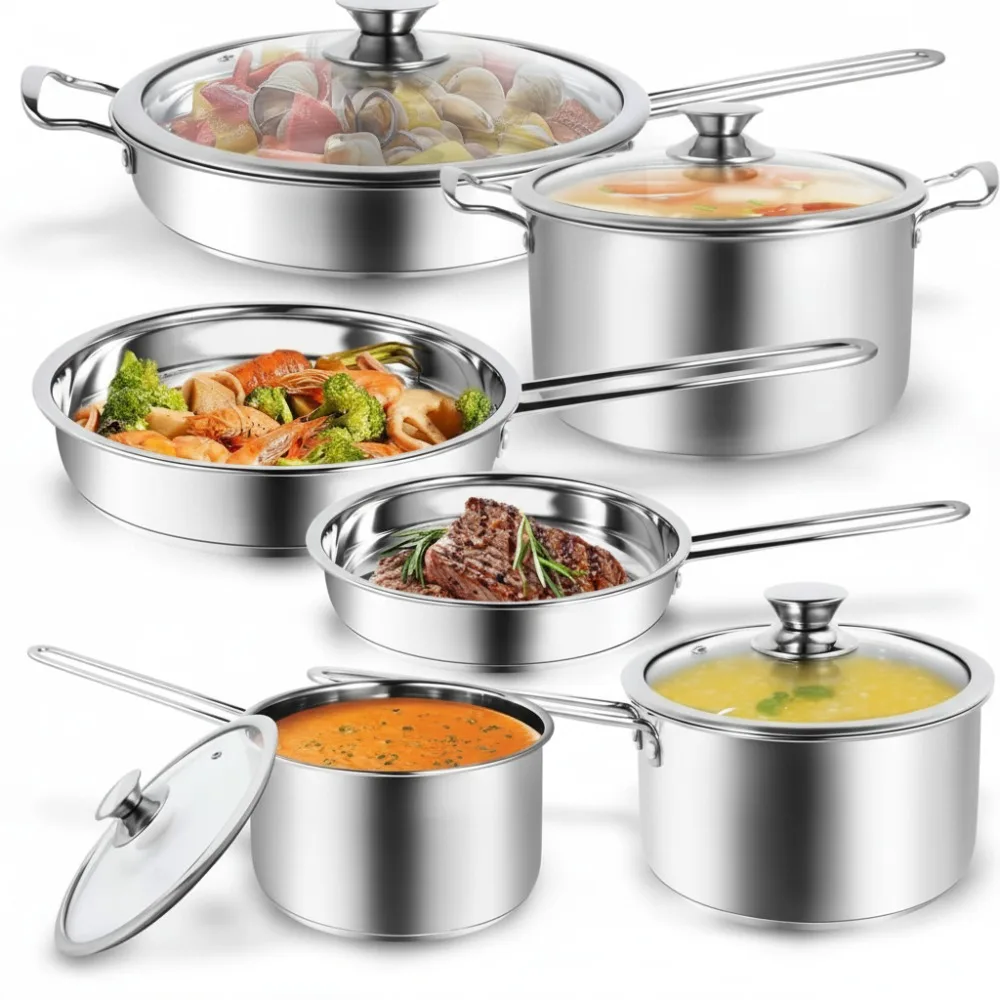 

10-Piece Stainless Steel Cookware Set with Ergonomic Handles - Professional Pots & Pans for Home Chefs