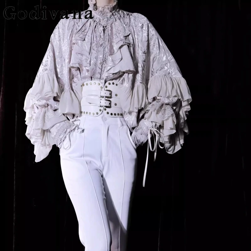 Lolita gothique polyvalent à manches longues chauve-souris chemise printemps automne mode femmes polyvalent volants col montant haut industrie lourde haut