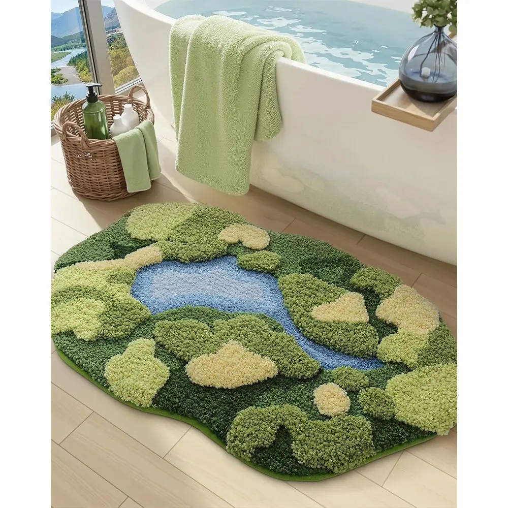 Cute Moss Bath Mat, Green Oval Bathroom Rugs, 32x20 | Soft and Absorbent Microfiber, Non Slip, Machine Washable Bathmat or Showe