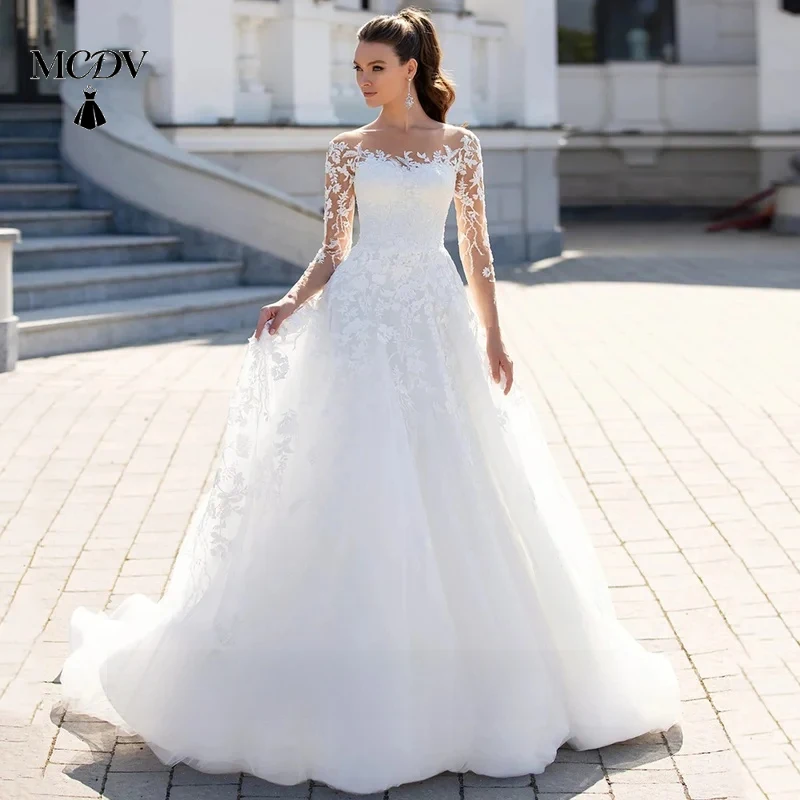 

MCDV Women Classic Wedding Dress Bride Customized Sheer Scoop Neck Long Sleeves Applique Tulle A Line Bridal Gown