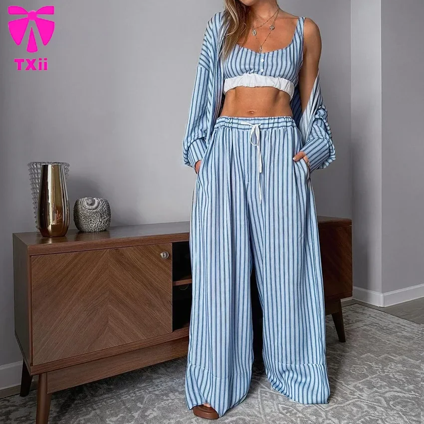 TXii Newlook 2024  Autumn Blue Striped Printed Women's Home Clothes Vest Cardigan Long Sleeve Trousers Pajamas Three-Piece Set