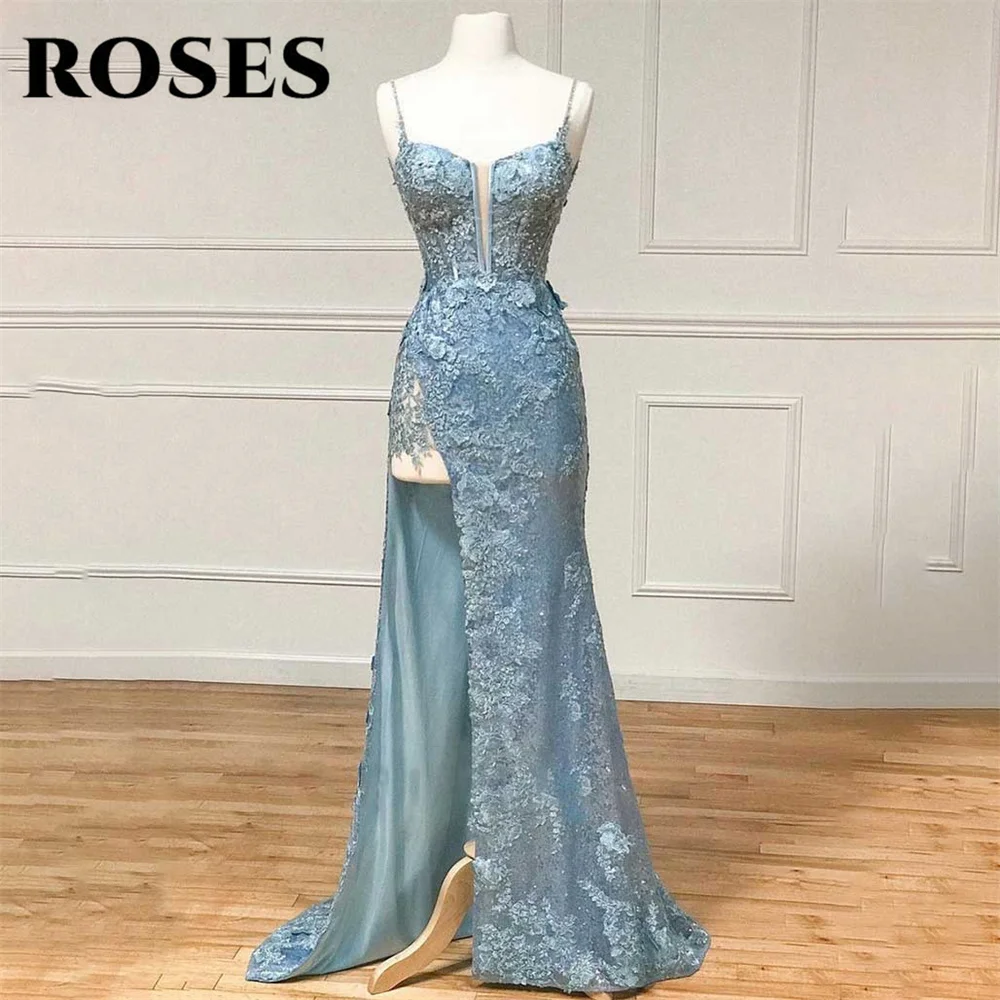 

ROSES Charming Blue Evening Dress Sweetheart Mermaid فستان سهرة Sexy Backless Corset Prom Dress with Appliques Slit Party Dress