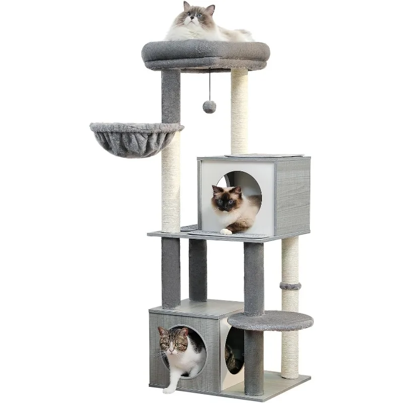 

Large Cat Tree, 51 Inches Wooden Cat Tower with Double Condos, Large Perch,Soft Hammock and Totally Wrapped Sisal Posts