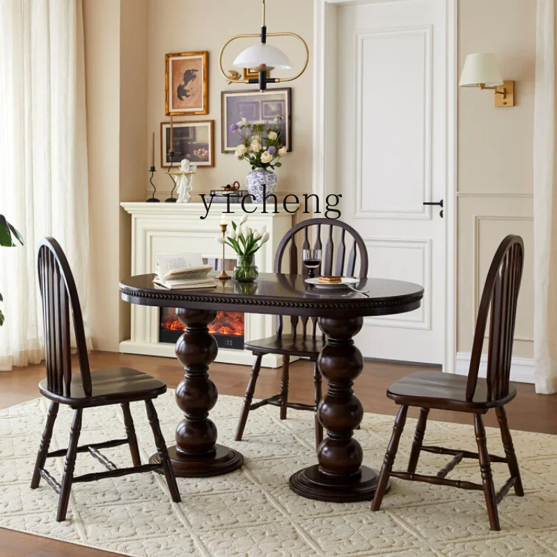 

ZC Black Walnut Color Solid Wood Dining Tables and Chairs Set Living Room Home Oval Dining Table Retro Roman Column Dining Table