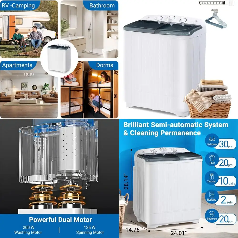 

Compact Twin Tub Washer & Dryer, 13lbs Wash 9lbs Spin, Ideal for Apartments, Dorms, RVs, Camping