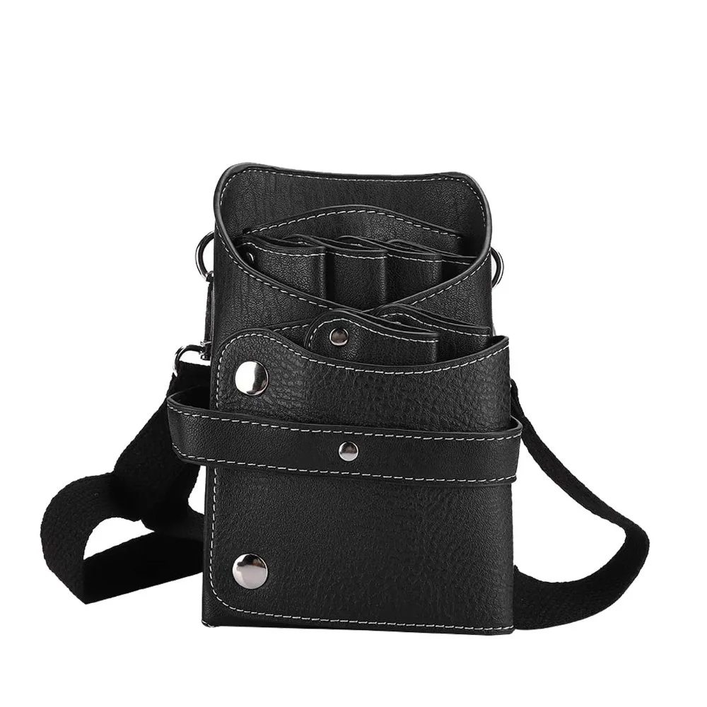 PU Leather Barber Scissors Waist Bag Multi-Compartment Adjustable Strap Scissors Holder Case Black Color Portable