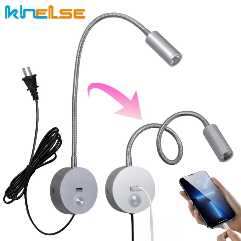 

Dimmable LED Gooseneck Wall Lamp 3W Flexible Hose Reading Sconce Touch Switch Bedroom Bedside Wall Lights With USB Charging Port