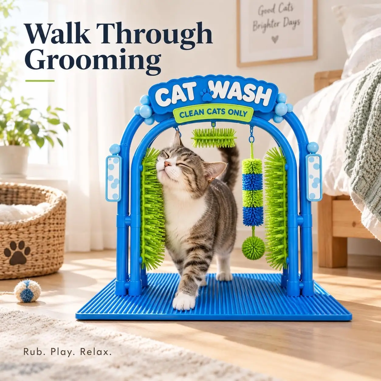 Cat Self Groomer Arch Massage Brush Scratcher with Hanging Toy Textured Base for Indoor Grooming Loose Hair Removal