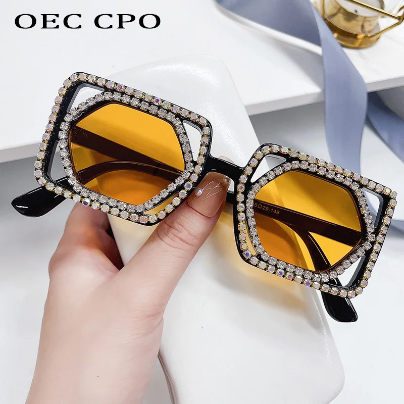 Kwadratowe luksusowe diamentowe okulary przeciwsłoneczne damskie Punk Fashion Rhinestone okulary przeciwsłoneczne damskie błyszczące seksowne żółte soczewki okulary odcień ręcznie robione