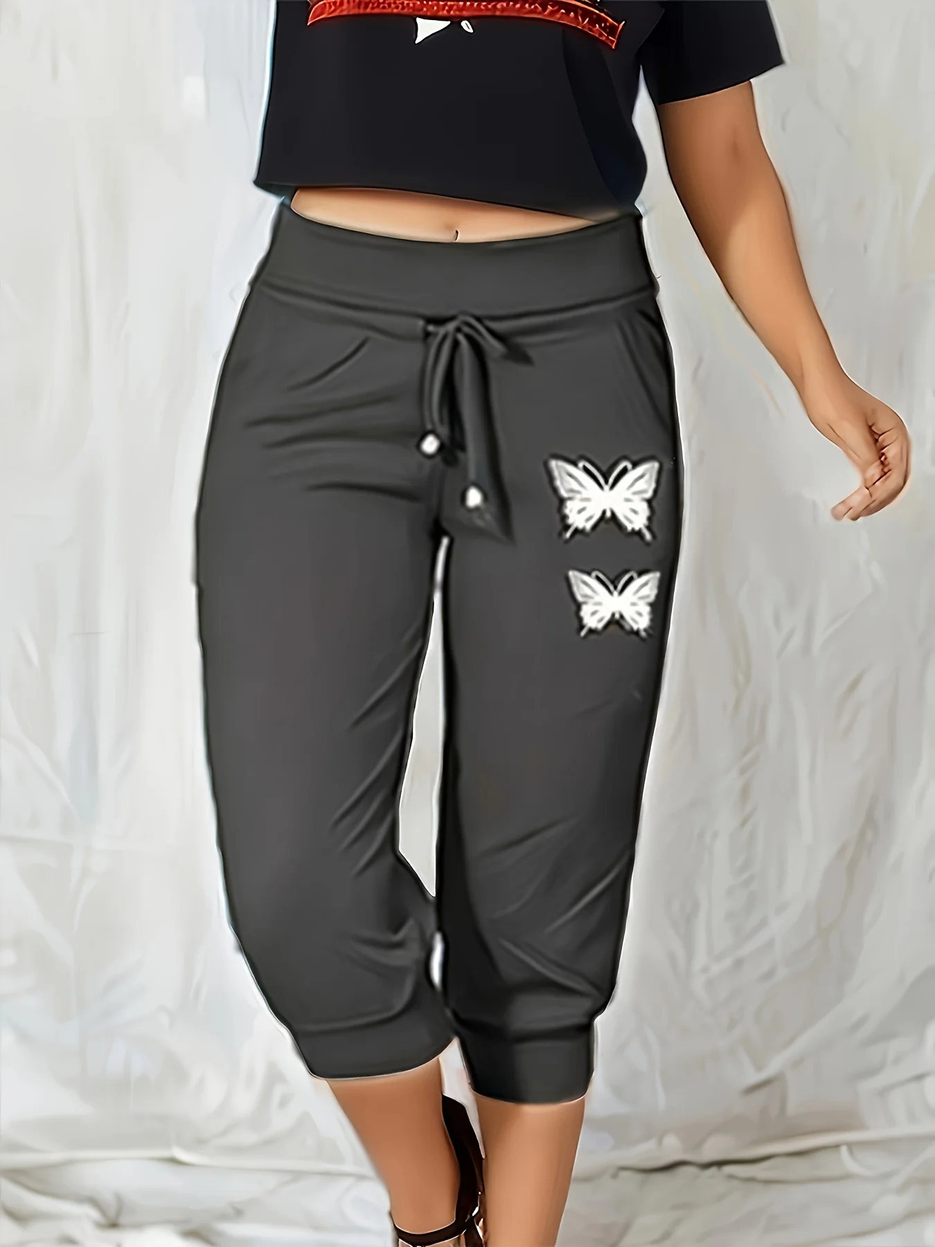 butterfly printed calf-length pants for Womens Black Pantalones Mujer Pantalon Femme Jogger Trousers