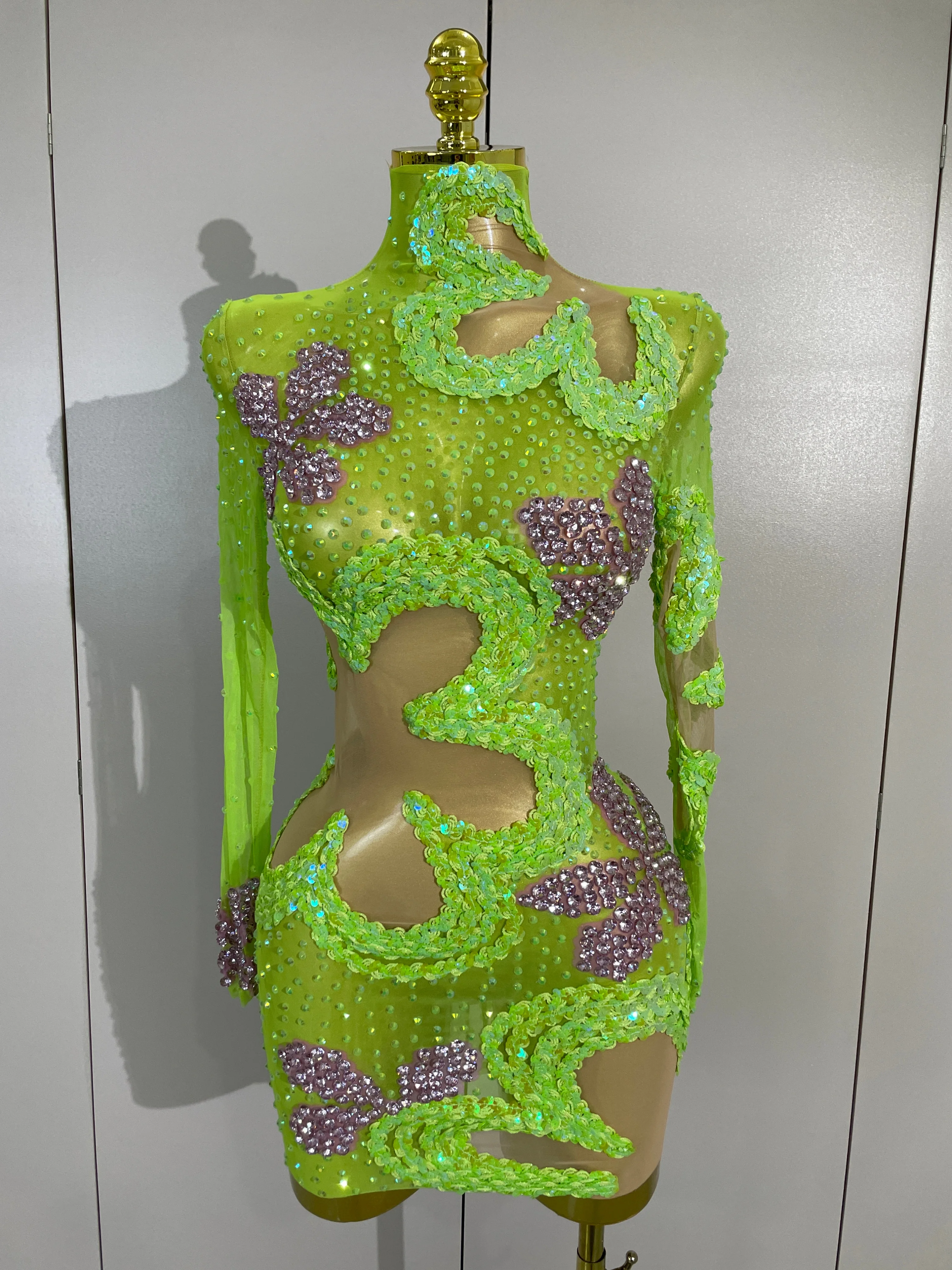 New Sexy Sparkly Diamonds Sequin Long Sleeves Mesh Transparent Mini Dress Eveing Party Nightclub Bar Stage Phootshoot Outfits