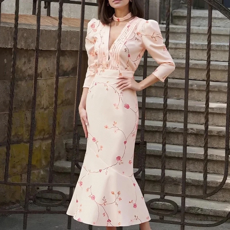 Printed V-Neck High Waist Bandage Slim Contrast Lace-Up Maxi Dress For Women, Elegant Evening Party And Date Night, Wedding