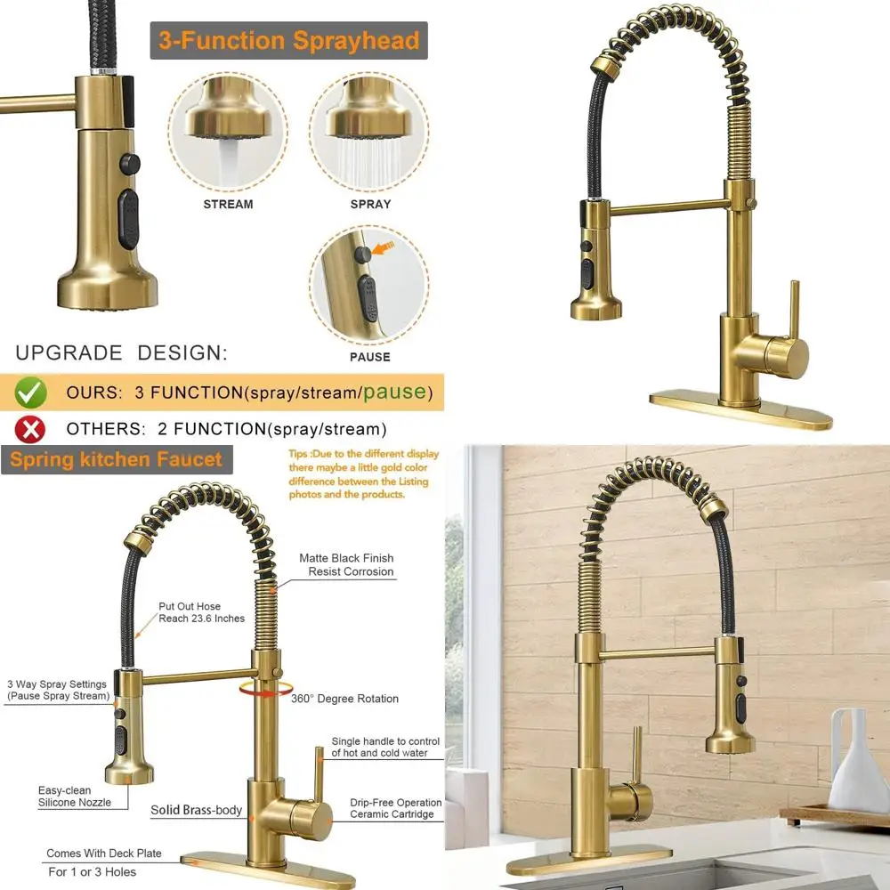 

Brushed Gold Pull-Out Spray Kitchen Faucet with Single Lever, High Arc Design for Commercial RV and Laundry Sinks