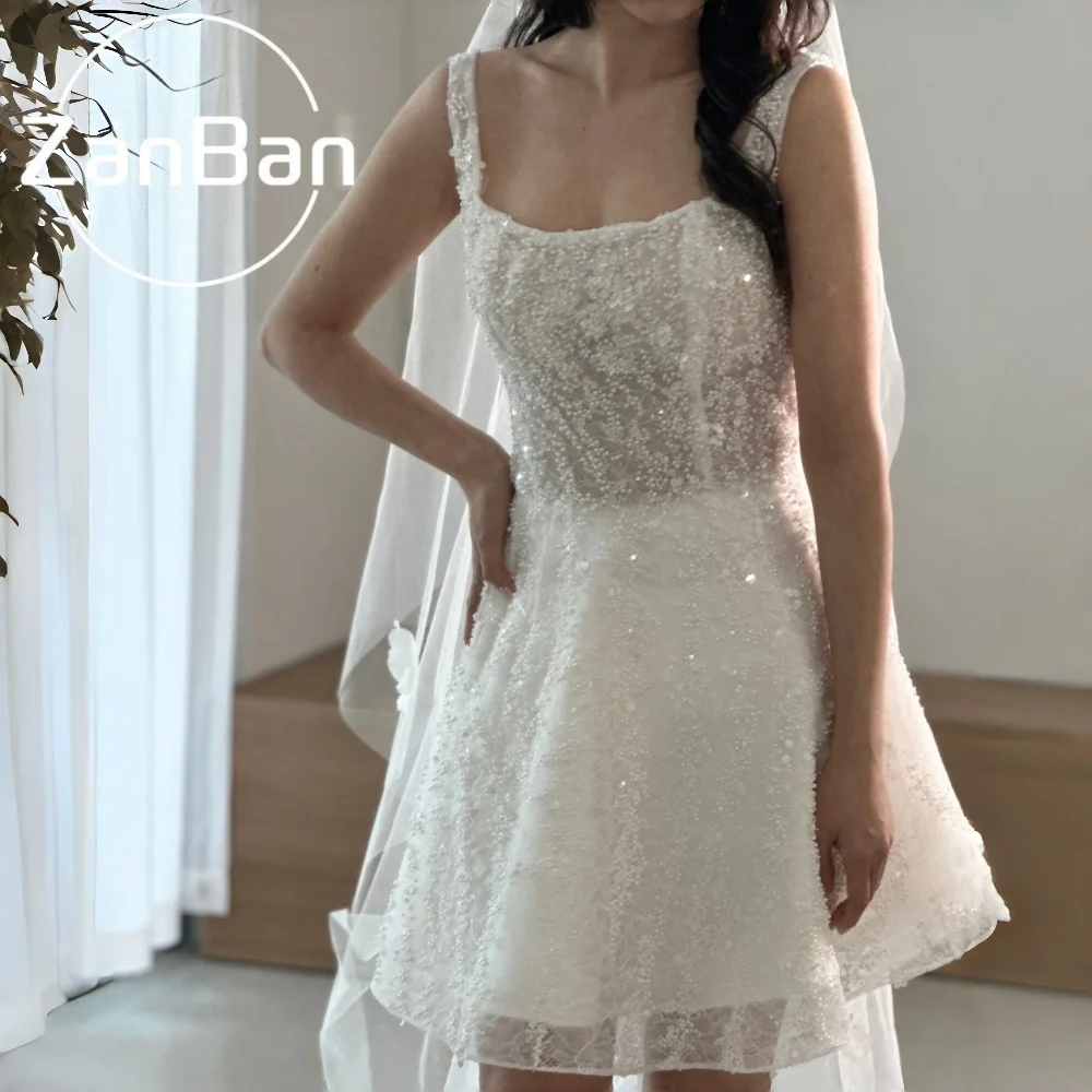 ZanBan Luxury Square Collar Wedding Dress A Line Lace Mini Bridal Gown Beading 2026 Korea Photoshoot vestido de novia Customized