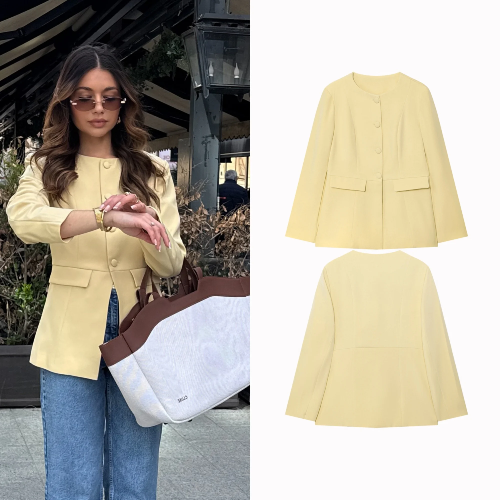 

2025 Autumn New Slim Suit Jacket Women's Minimalist Style Single-Breasted Multi-Button Round Neck Long-Sleeved Flap Pocket Coat