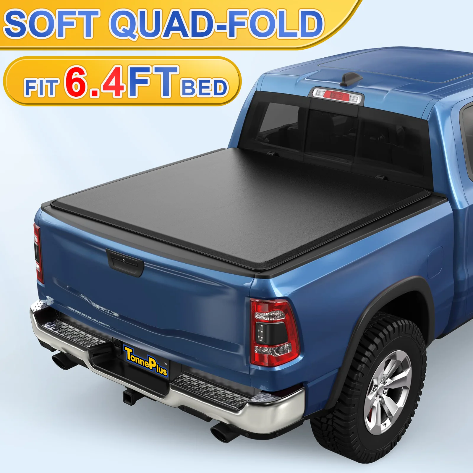 TonnePlus Soft Quad-Fold Tonneau Cover Truck Bed Covers for 2002-2024 Ram 1500 2500 3500 6.4FT Bed Lightning | 6.4' (76.3