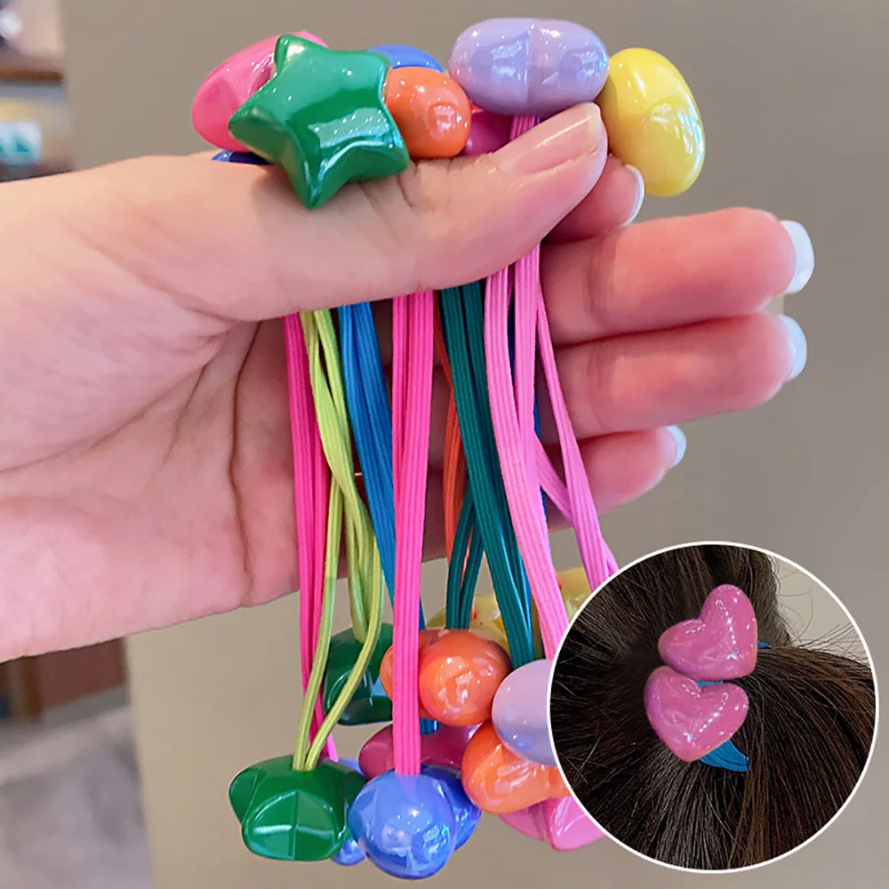 2024 Love Heart Elastic Hair Rope Ties Colorful Hair Beads Kids Girl Ponytail Decorative Double Hair Band Headwear Candy Color