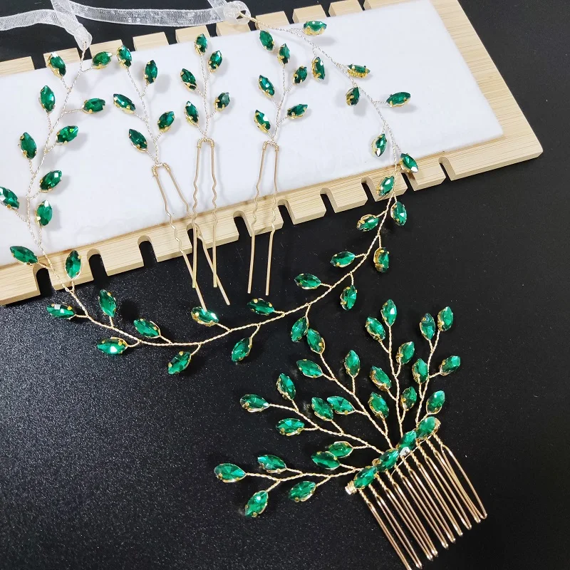 

Fashion Green Rhinestone Hair Comb for Bridal Headband Wedding Hair Accessories Women Handmade Tiara Headdress Party Headwear