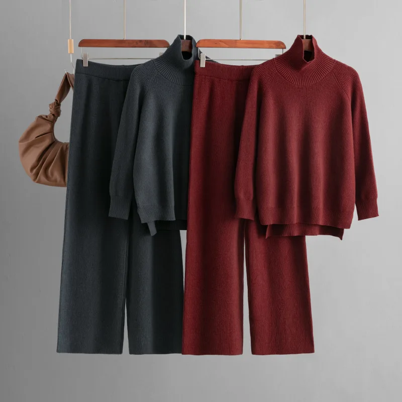 Fashion pants suit 2024 autumn Winter New Solid Color Knitted Wide Leg Pants Turtleneck Slit Sweater women Two-piece Sets