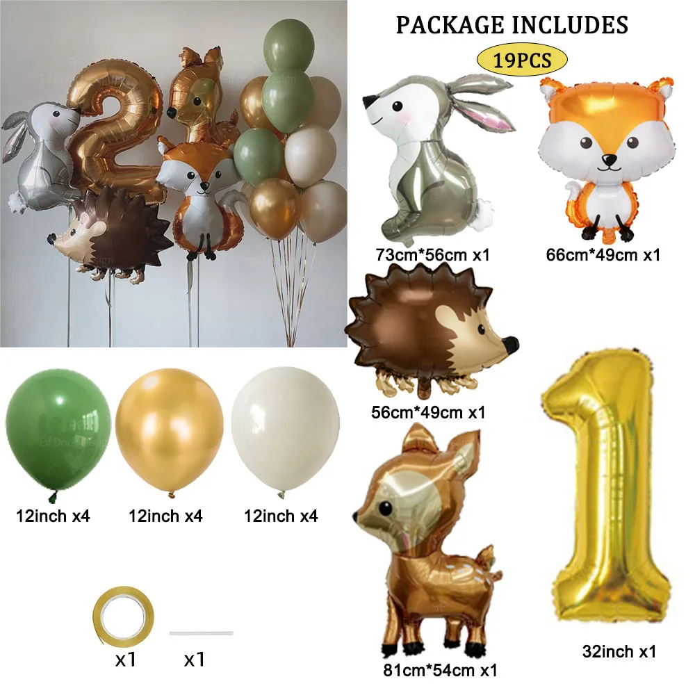 19 قطعة القنفذ الغزلان الثعلب أرنب بالون مجموعة الذهب عدد بالون الغابات الحيوان عيد ميلاد سعيد زينة الحفلات هدايا الاطفال