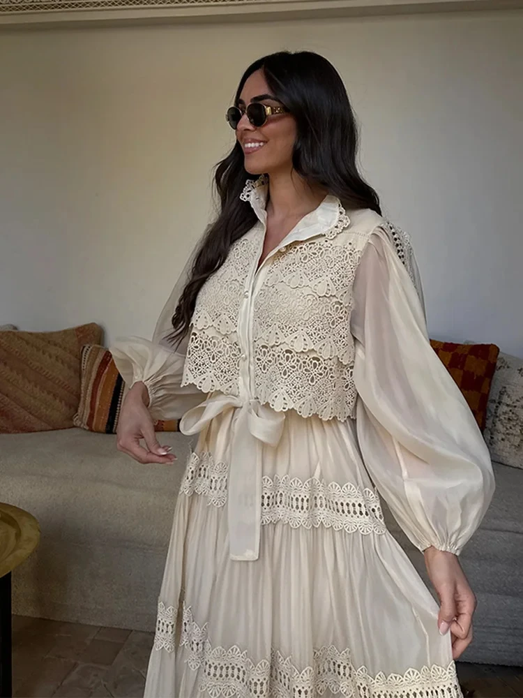 Elegant Hollow Out Women's Long Dresses Lantern Sleeves Lace Up Pearl Single Breasted Dress 2025 Spring Summer Female Solid Robe