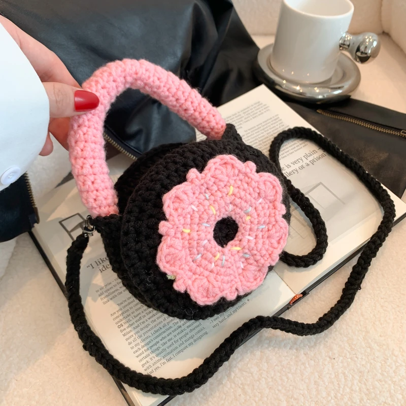 Cute Round Bag Casual Mini Phone Crossbody Bag For Lady Girl Woolen Crochet Knitting Bag Women Handmade Woven Sling Shoulder Bag