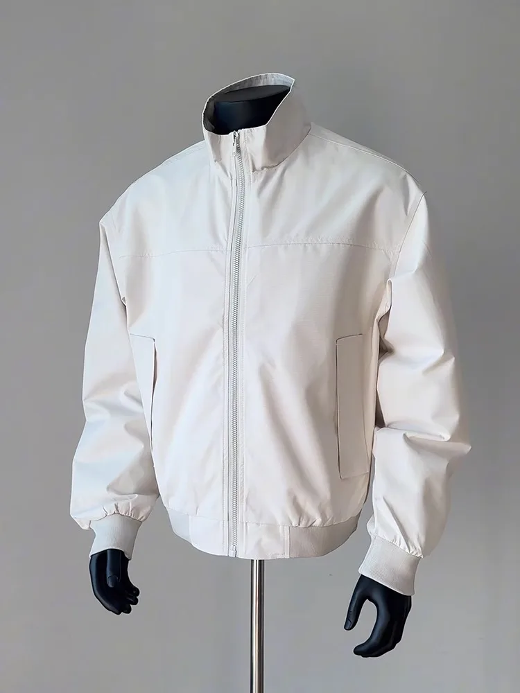 

Tobacco Color Men's Baseball Jaet ort Sle Stand Collar Spring Autumn Outerwear Anti-Static Proced Polyester Fabric