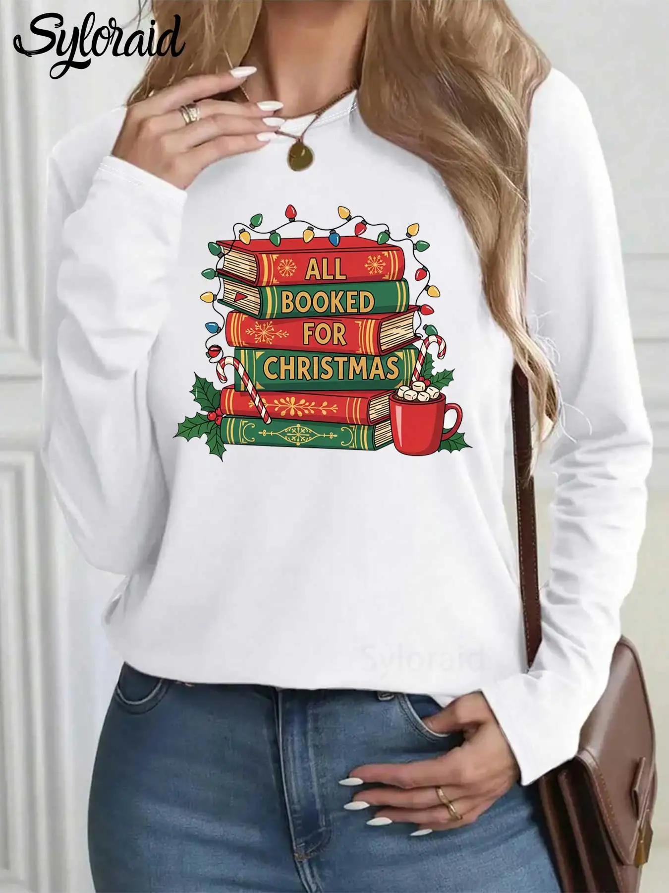 تي شيرت نسائي طويل الأكمام مطبوع بالكامل لعيد الميلاد تي شيرت عيد الميلاد لمحبي الكتاب قميص عصري برقبة دائرية كاجوال #1