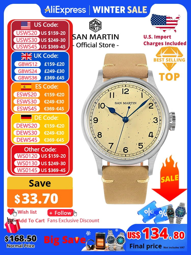 

San Martin 38,5 мм мужские механические часы NH35 винтажные пилотные простые модные наручные часы с запеченным лаком синие стрелки 10-барные часы