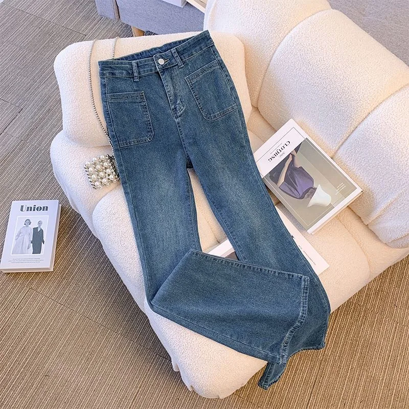 Calça Jeans de Cintura Alta Slim Fit com Barra Larga para Homens e Mulheres, Moda Outono, Calças de Denim Confortáveis e Resp...