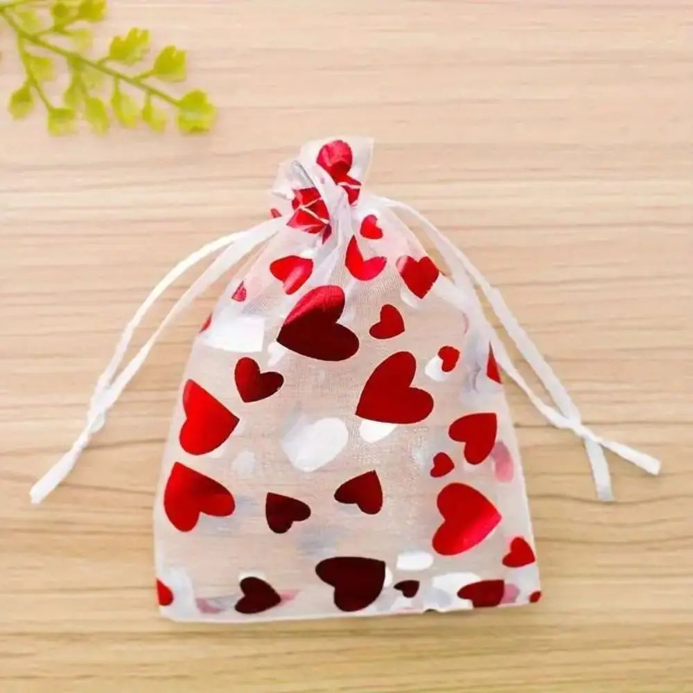 20pcs Portable Drawstring Valentine's Day Gift Bag Organza Love Heart Mesh Candy Pouches Mini Reuse Bronzing Gift Bag Couple