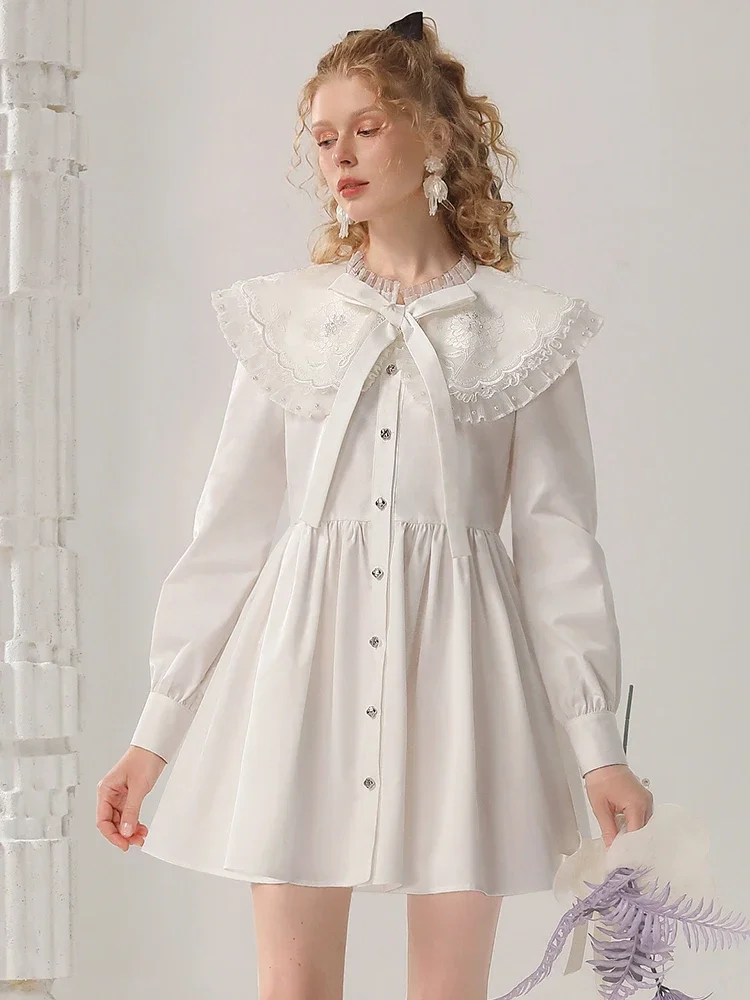 LEOSOXS Autumn Sweet Doll Collar Dresses 2024 Embroidery Beads Contrasting Color Waist Seal White Princess Dress White Dress