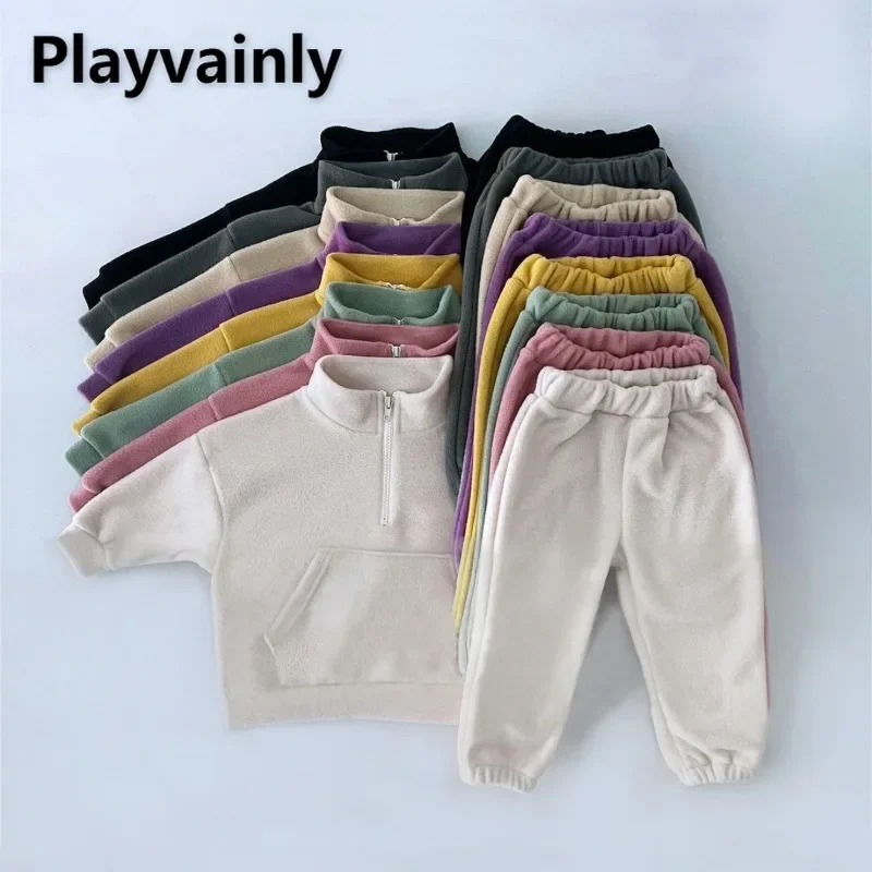 Autumn Baby Fleece Warm Stand Collar Sports Pullover Tops+Soft Jogger Pants Baby Unisex Outdoors Casual Two-piece Set A8447