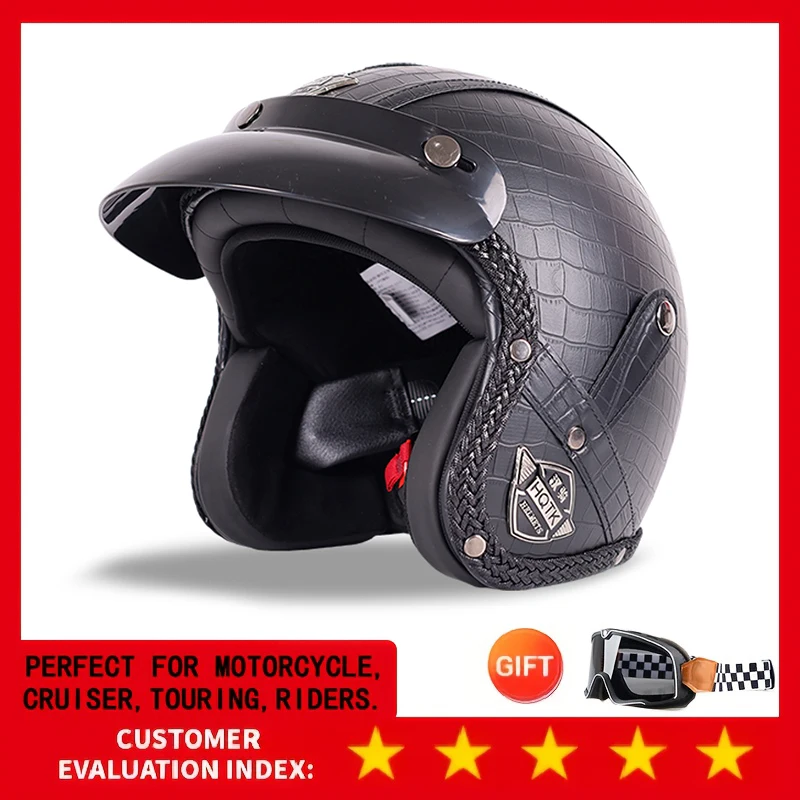 

Retro Motorcycle Helmet 555-Black Plaid Leather Cap Four Seasons Cruise Motorcycle Three-Quarter Helmet Vintage Style