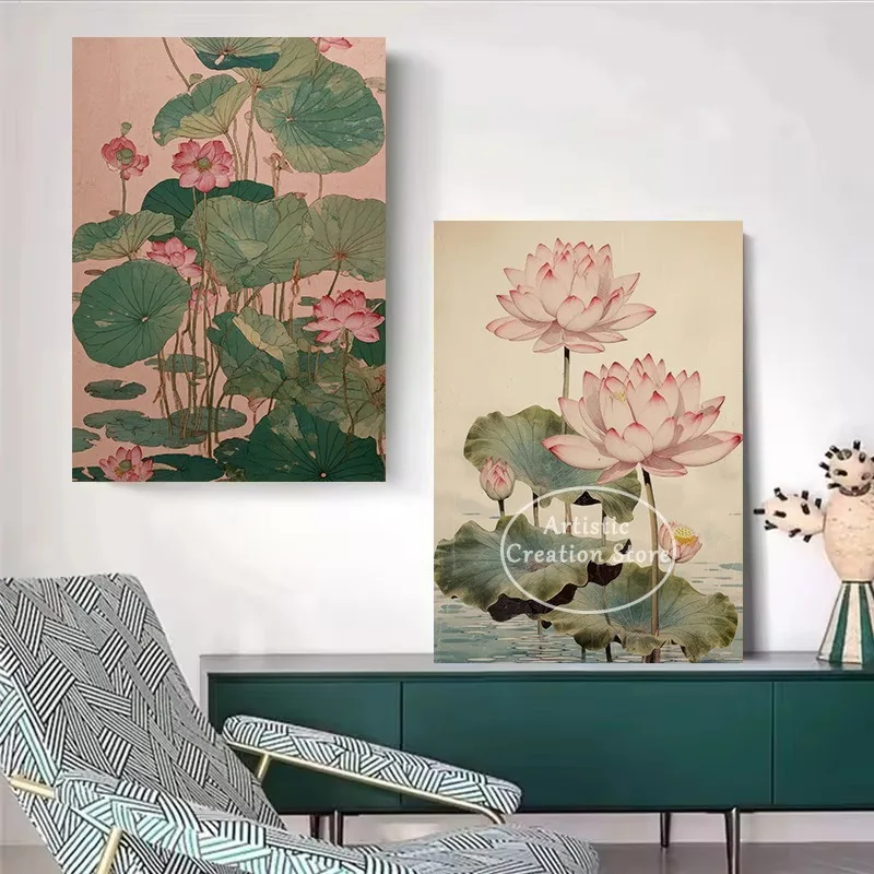 Vintage Ukiyo-e Japanese Lotus Leaf Koi Fish Pond Frog Asian Zen Nature Poster Canvas Painting Wall Art Pictures Home Decor