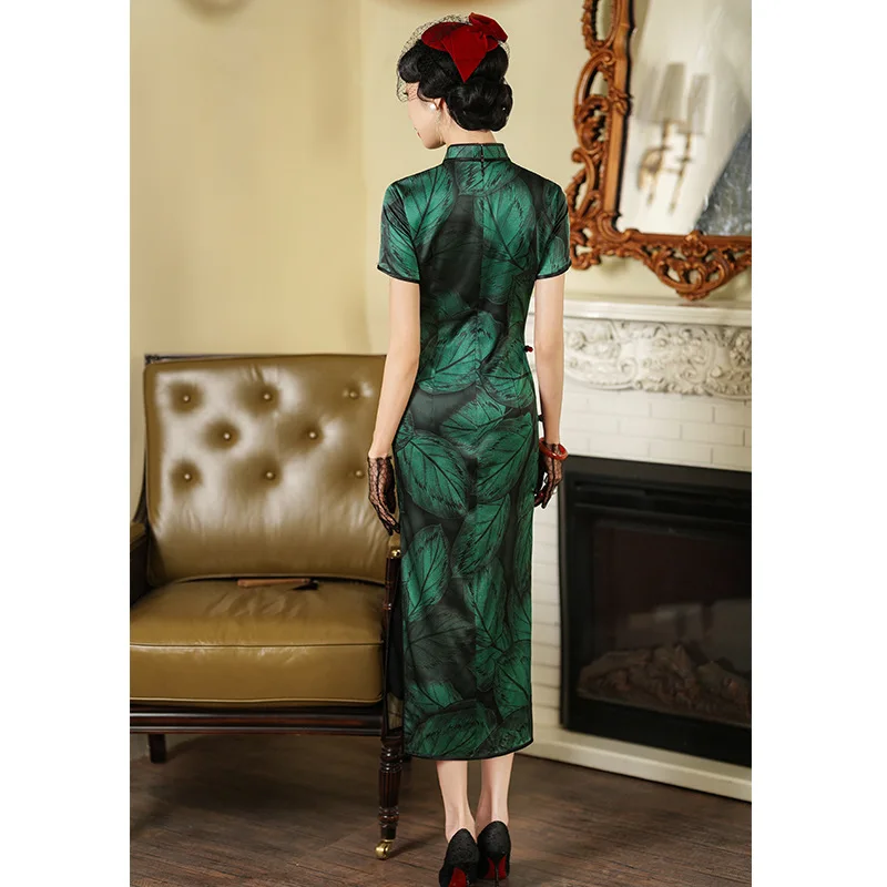 Vestido Cheongsam Qipao de seda Real para mujer, ropa de alta calidad, estilo chino Retro, verde, Verano