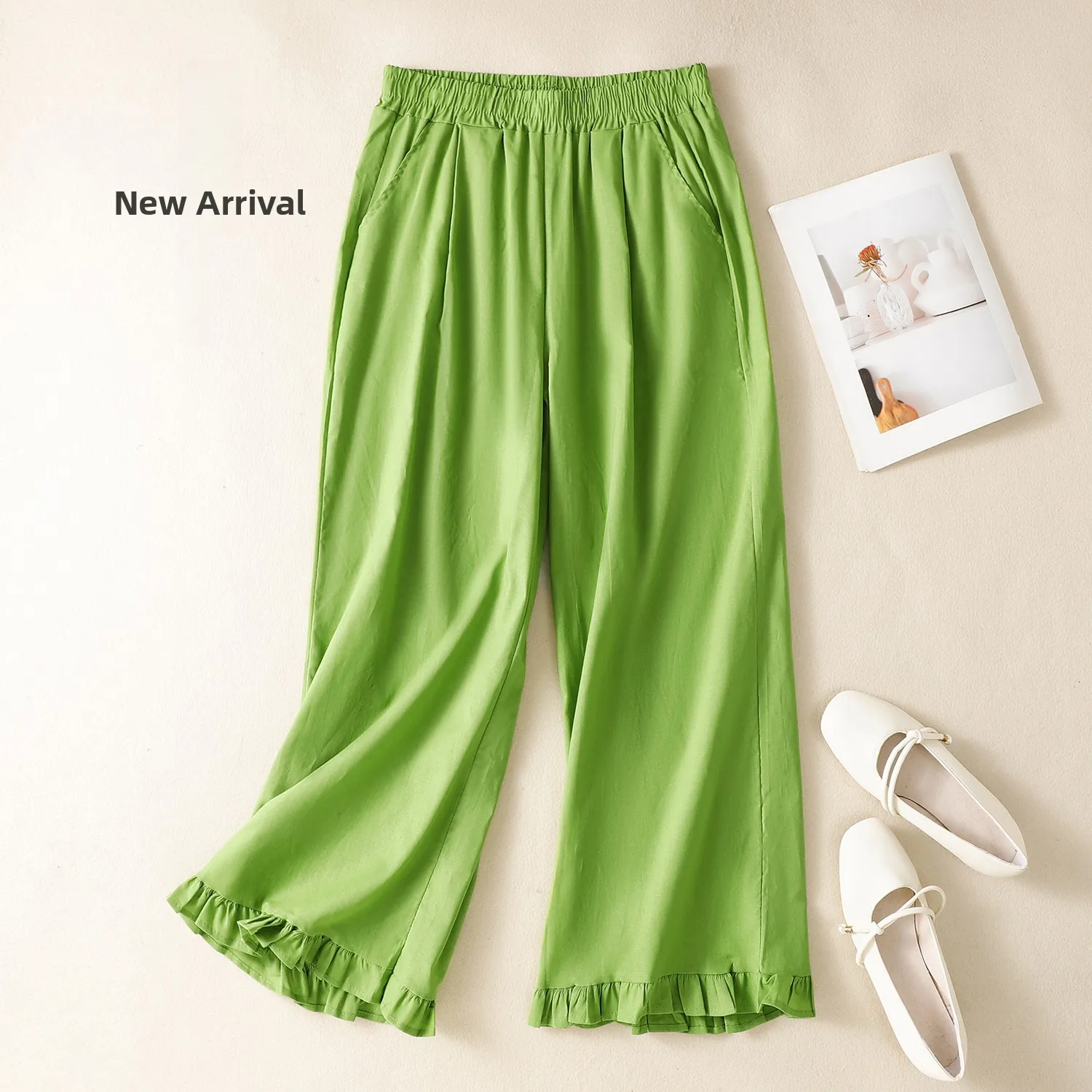 Letnie Nowe Artystyczne Retro Lniane Luźne Wyszczuplające Uniwersalne Młodzieżowe Drewniane Spodnie z Szerokimi Nogawkami Fioletowe Elastyczne w Pasie Casual