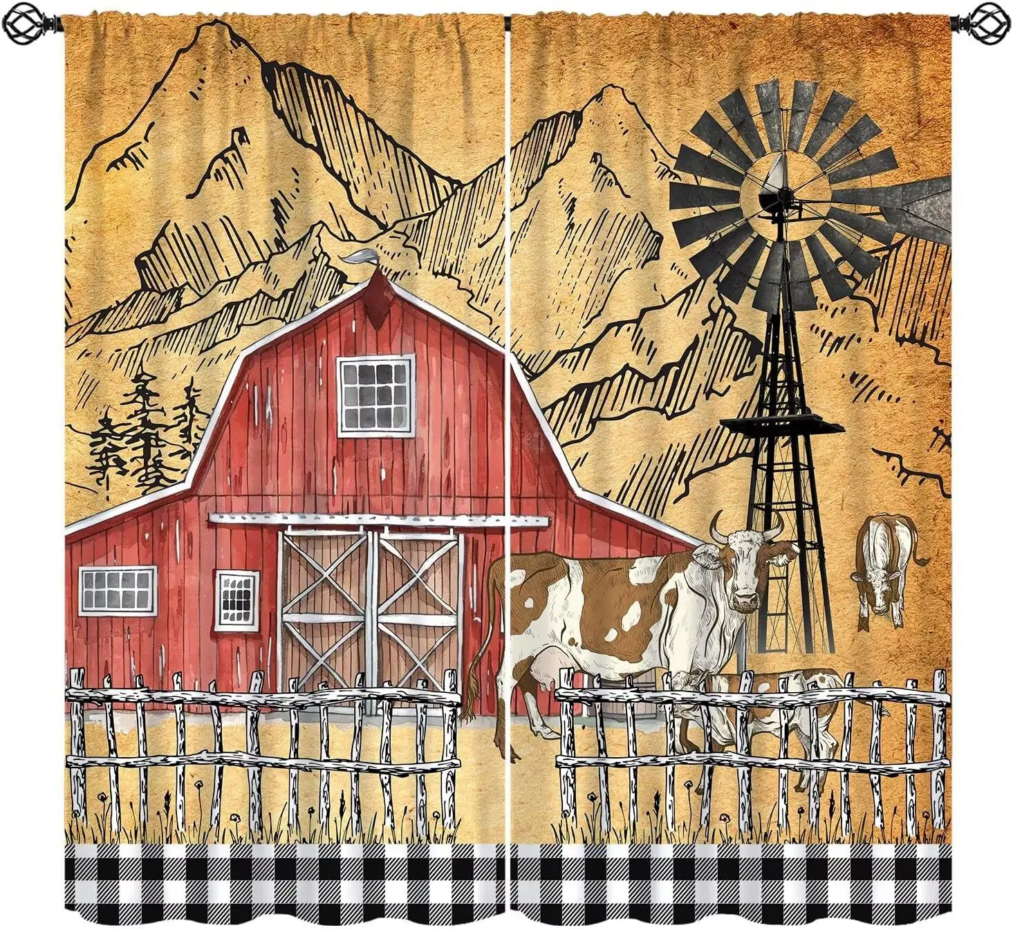 

Farmhouse Farm Rustic Vintage Curtain Country Cow Barn Buffalo Checked Windmill Window Drapes for Bedroom Living Room Kitchen