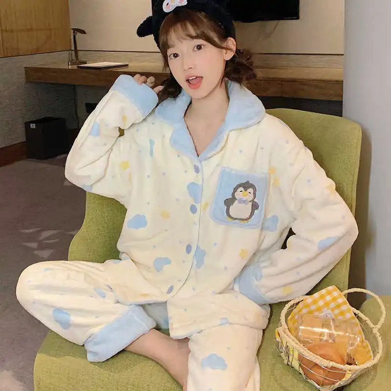 

Kawaii Pingu Pajamas Anime Penguin Winter Keep Warm Plush Nightwear Cartoon Outdoors Home Clothes Nightwear Set Christmas Gift