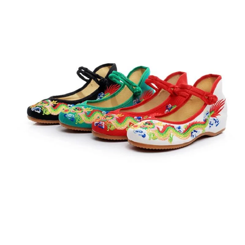 Chinese style Dragon embroidery Fabric Shoes dragon pattern low heel Ethnic Shoes plate buckle canvas Stage Dance cloth shoes