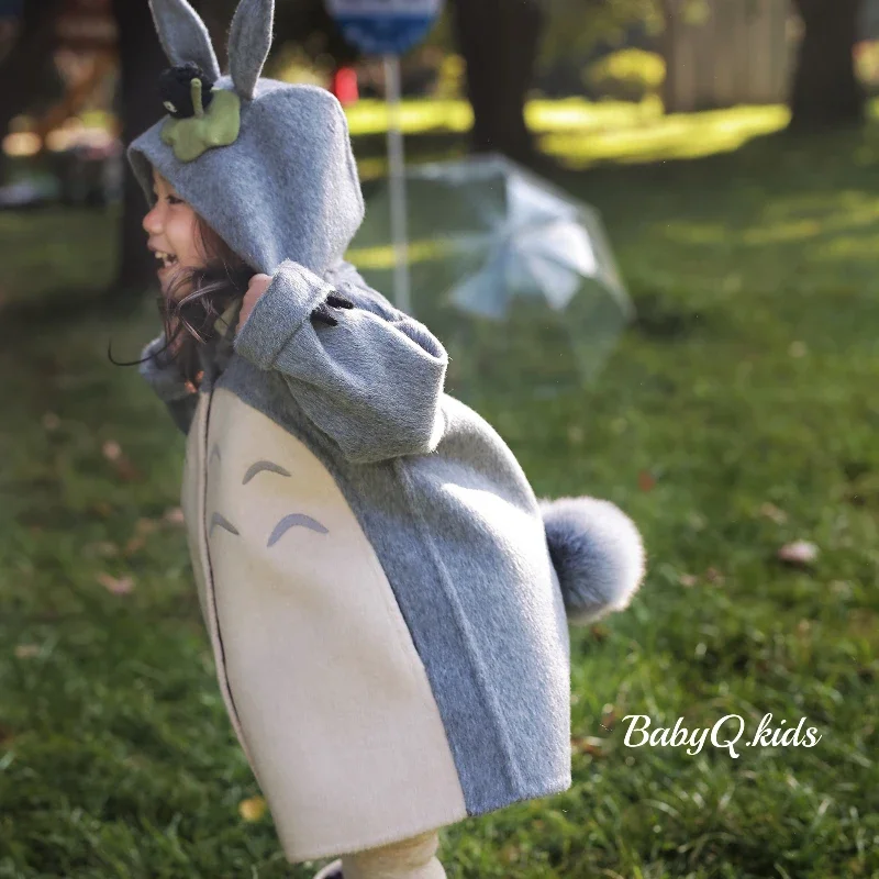 Handmade Design Double-sided Wool Coat for Children  Winter Thickened Cute Animation Gray Coat Kids Photographed Jacket