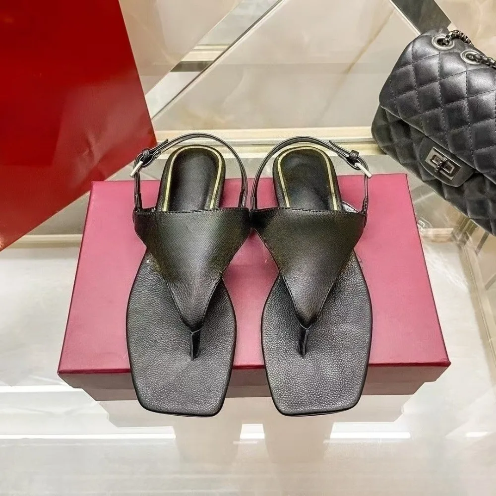 

2026 Summer New Women's Square Toe Flat Sandals Metal Buckle Retro Single Strap Slides Trendy Casual Outdoor Shoes