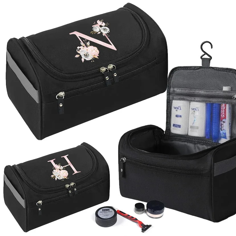 

Men Travel Cosmetic Bag Unisex Hanging Makeup Case Necessaries Organizer Storage Pouch Toiletry Bag Pink Flower Initials Pattern